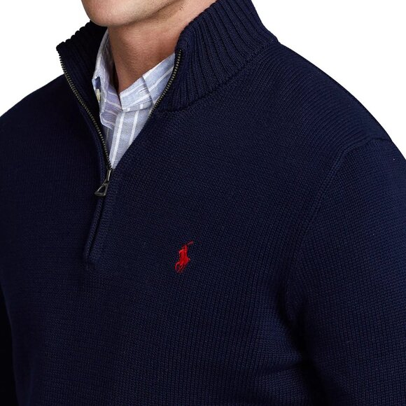 NWT Polo Ralph Lauren Men's Large Cotton Navy 1/4 Zip Knit Sweater Ribbed Collar - Picture 3 of 8
